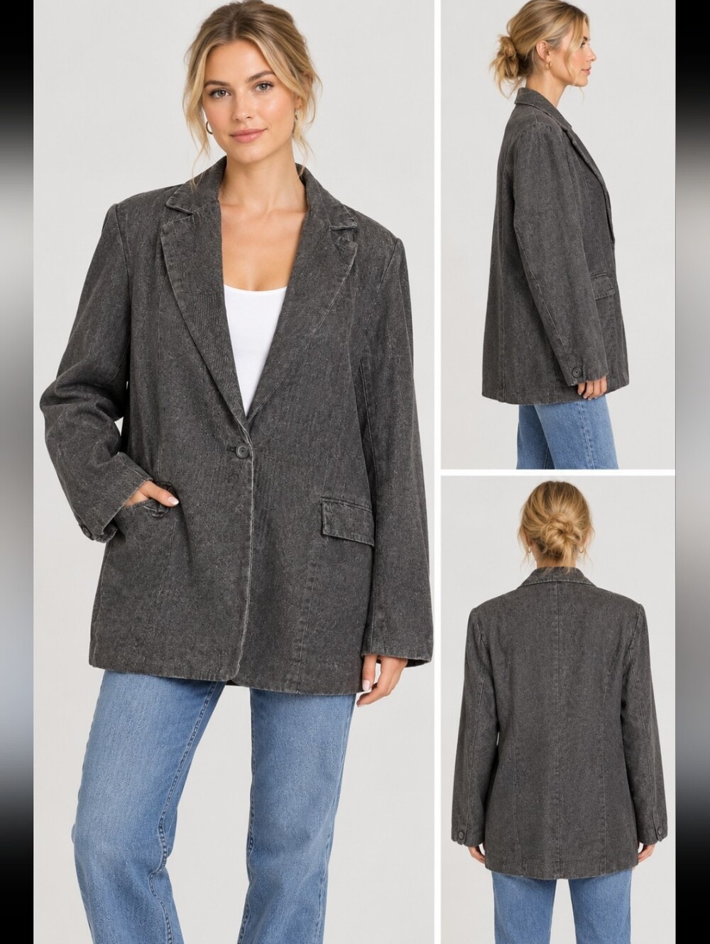 Denim & Co. Charcoal Gray Oversized Denim One Button Lined Blazer Jacket  Small